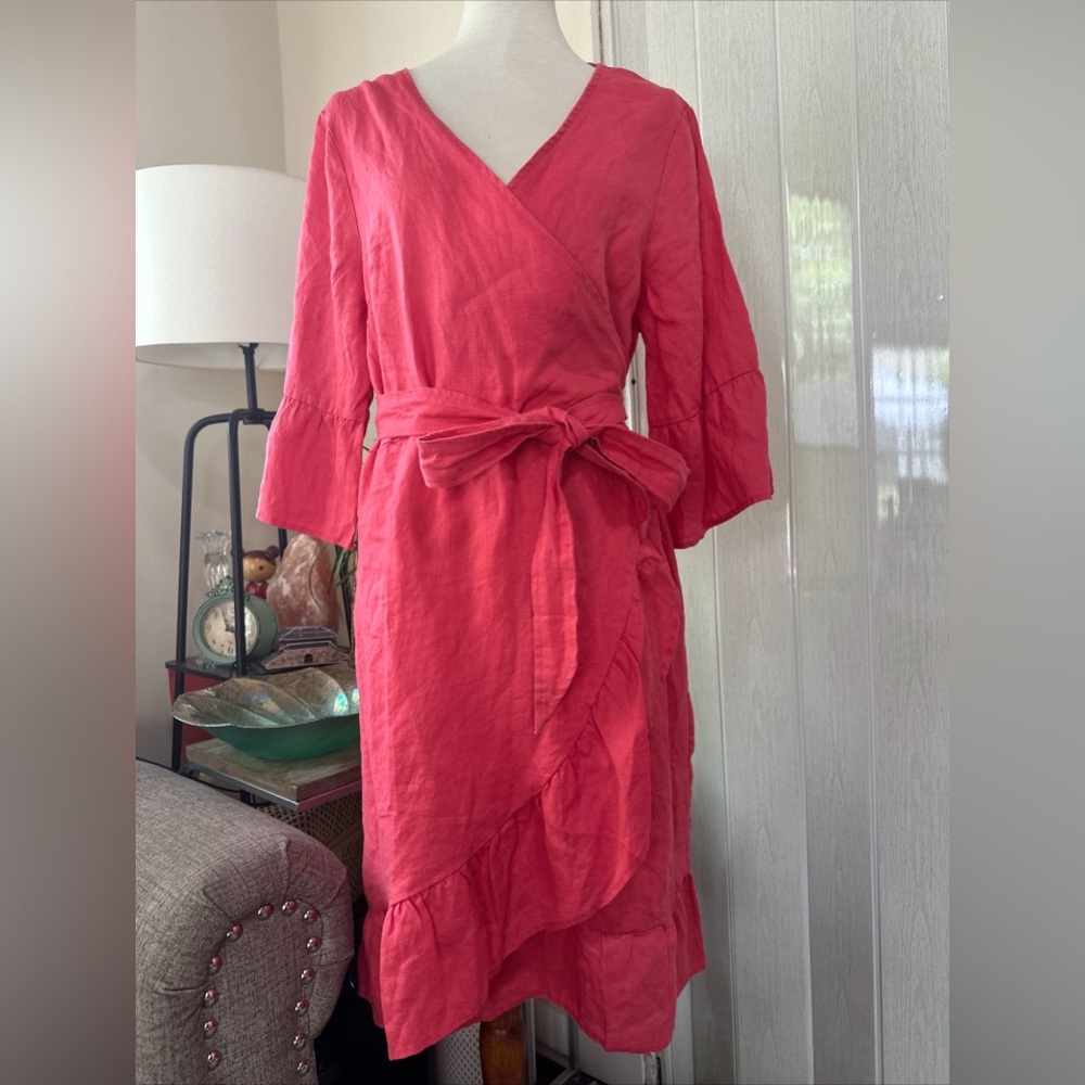 NWT Anthropologie 4our Dreamers Women's Pink Linen  Wrap Dress Size Large - Picture 5 of 11
